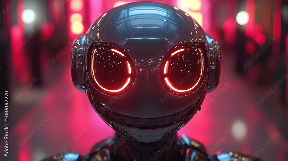 A futuristic robot with glowing eyes in a neon-lit environment. A futuristic robot with glowing eyes in a neon-lit environment.