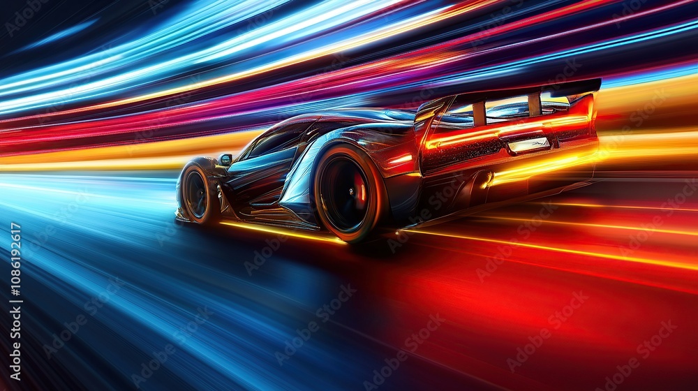A sleek, futuristic car racing through a vibrant, colorful light trail. A sleek, futuristic car racing through a vibrant, colorful light trail.