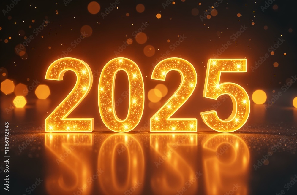Golden glowing number 2025 on dark sparkling winter background with bokeh Golden glowing number 2025 on dark sparkling winter background with bokeh