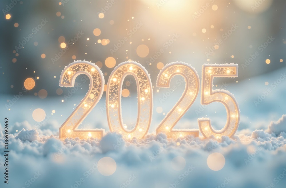 Light glowing number 2025 on light sparkling winter background with bokeh Light glowing number 2025 on light sparkling winter background with bokeh