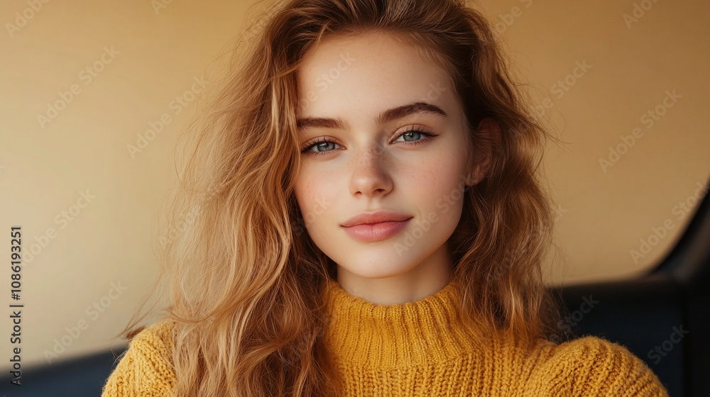 Young woman with blonde wavy hair wearing a yellow sweater, looking at the camera. Young woman with blonde wavy hair wearing a yellow sweater, looking at the camera.