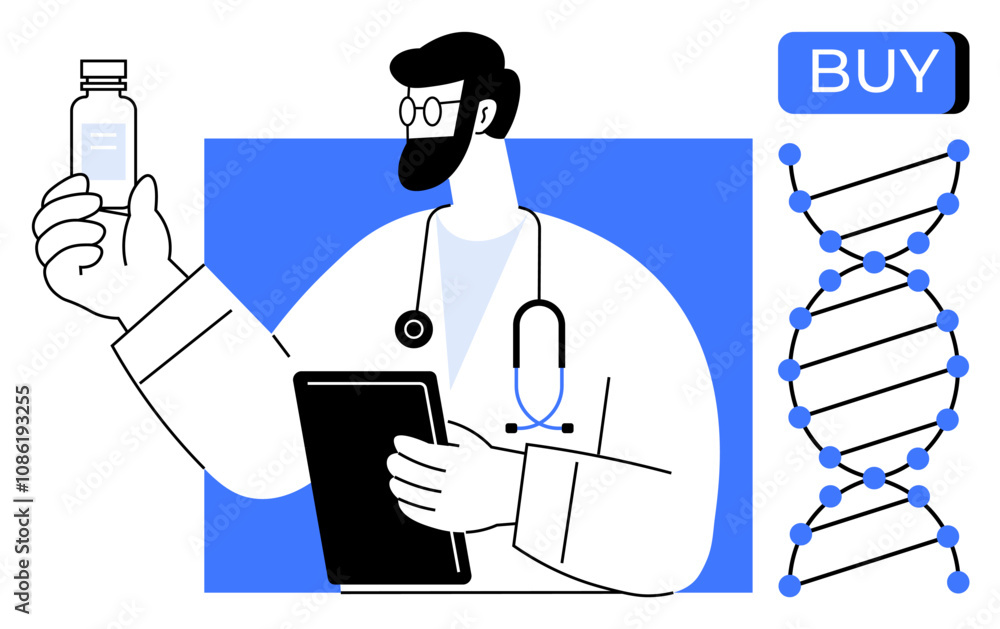 Doctor holds medication and tablet, ready for online consultation. DNA helix and buy button emphasize telemedicine and genetic services. Ideal for healthcare, telehealth, genetics, medicine Doctor holds medication and tablet, ready for online consultation. DNA helix and buy button emphasize telemedicine and genetic services. Ideal for healthcare, telehealth, genetics, medicine