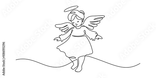 Beautiful Angel Baby in one continuous line drawing. Christmas cherub and easter symbol in simple linear style. Elegance logo editable stroke. Doodle vector illustration
