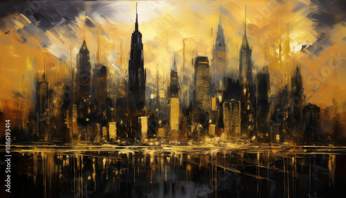 Urban skyline sunset new york city digital art reflective water aesthetic viewpoint modern concept