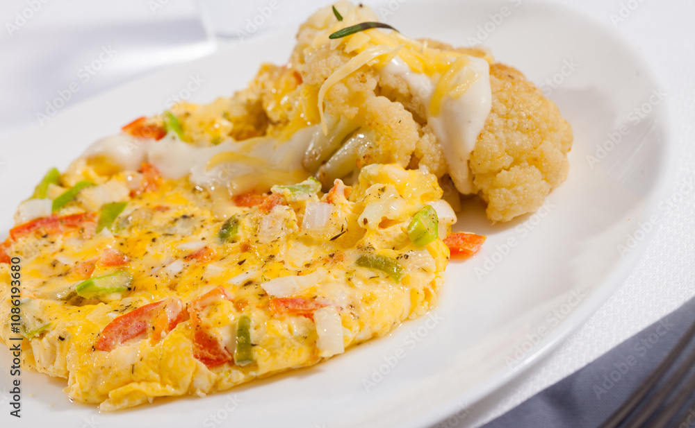 Delicious vegetable omelette served on white plate with cauliflowers, grated cheese and cream sauce.. Delicious vegetable omelette served on white plate with cauliflowers, grated cheese and cream sauce..