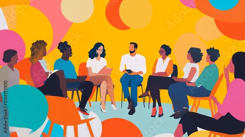 Diverse Group Discussing Ideas in a Colorful Room