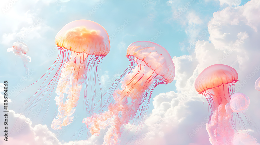 Fototapeta premium Jellyfish swimming in the sky among soft clouds, with their tentacles glowing in pastel tones