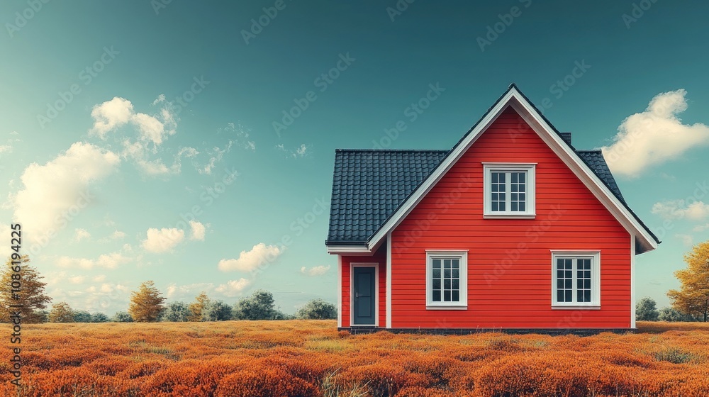 A vibrant red house in an autumn landscape under a clear sky.