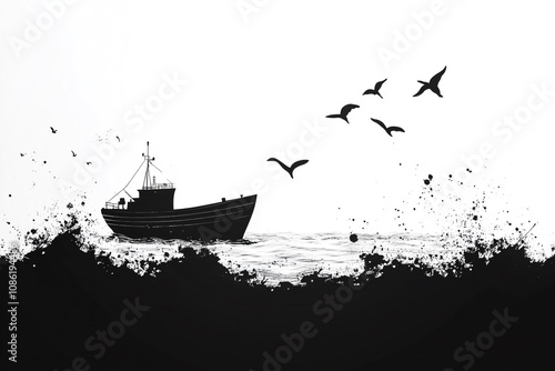 Silhouette of a fishing boat sailing on a stormy sea