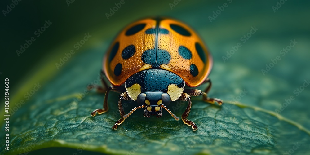 Fototapeta premium A close-up of a vibrant ladybug resting on a green leaf.