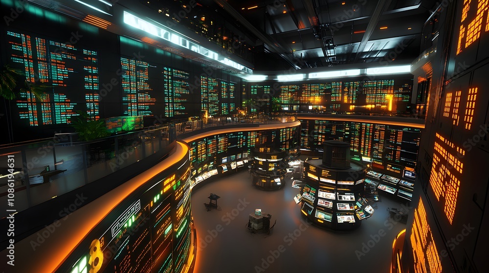 45. A holographic stock exchange with floating market trends, 3D trading terminals, and virtual stock charts changing in real-time 45. A holographic stock exchange with floating market trends, 3D trading terminals, and virtual stock charts changing in real-time