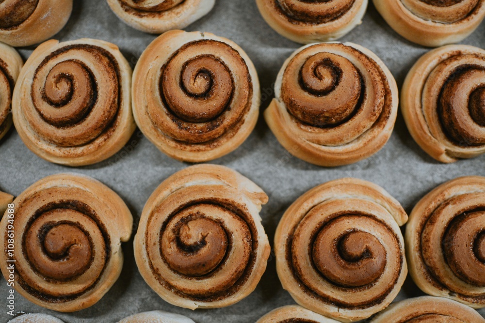 Close-up cinnabon buns freshly baked in the oven before applying cream in a cafe Close-up cinnabon buns freshly baked in the oven before applying cream in a cafe