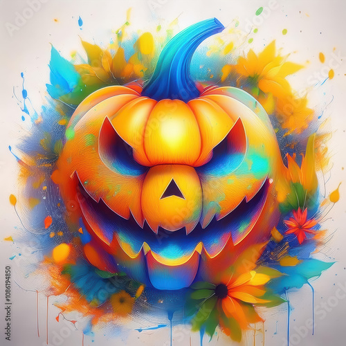 Spooky halloween pumpkin decoration festive home digital art vibrant colors creative viewpoint seasonal concept photo