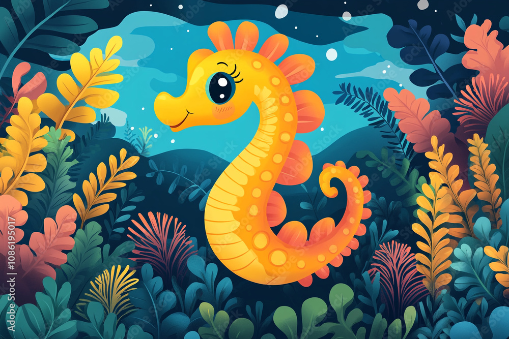 Fototapeta premium Adorable Yellow Seahorse Among Vibrant Underwater Plants