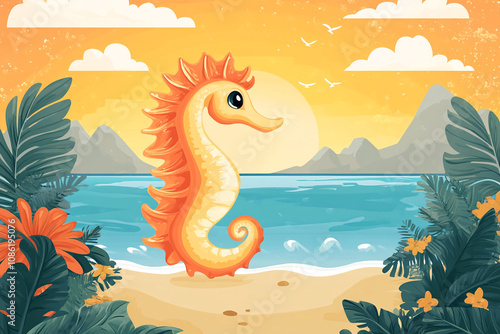 Seahorse on Tropical Beach Sunset Scene photo