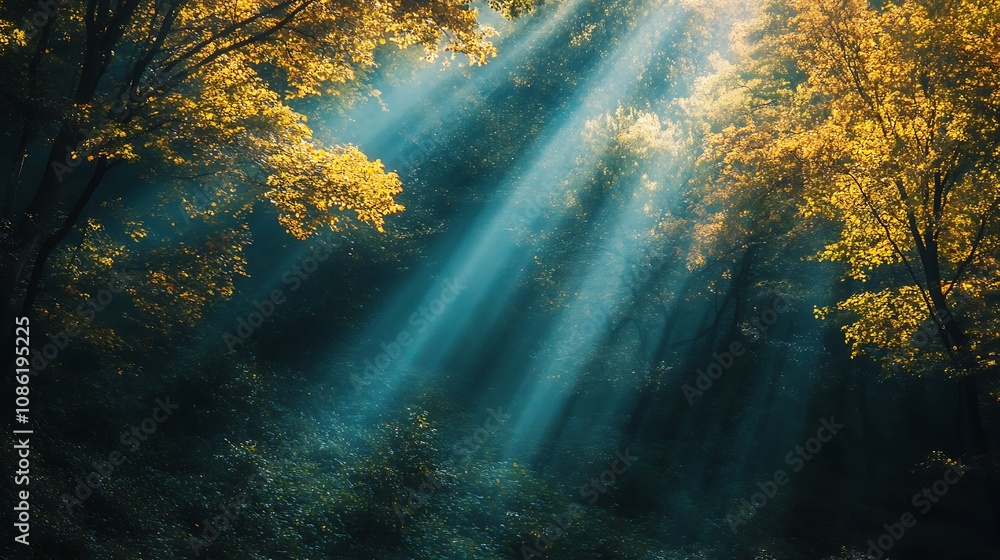 Sunbeams in Autumn Forest