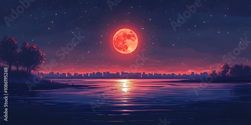 Blood Moon Rising Over Cityscape Water Reflection photo