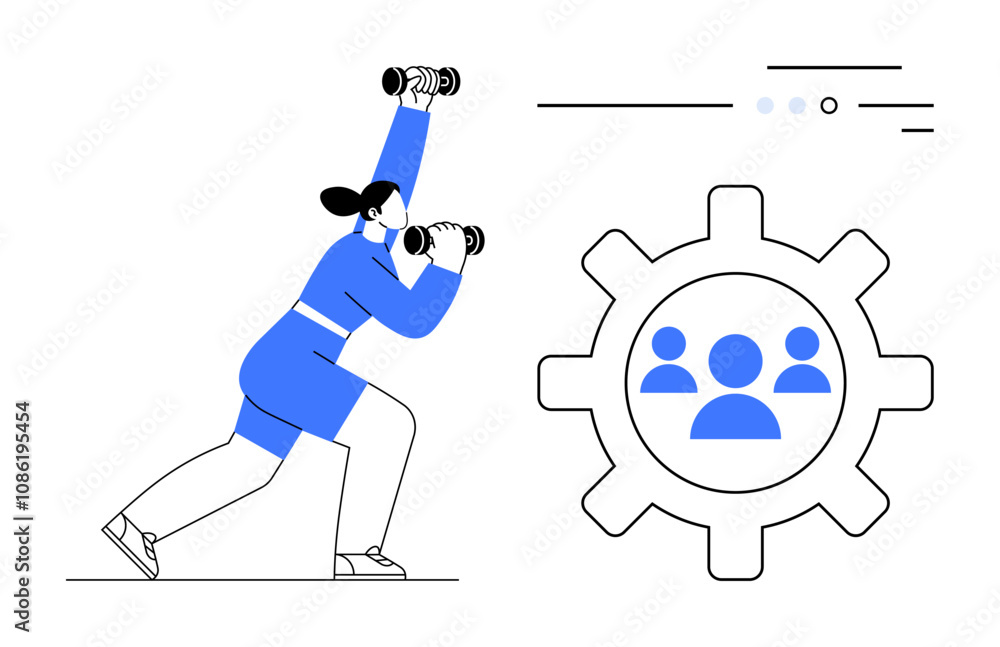 Woman lifting dumbbells in workout attire next to a large gear icon with a group avatar inside. Ideal for fitness, teamwork, self-improvement, motivation, health goals, productivity, collaboration Woman lifting dumbbells in workout attire next to a large gear icon with a group avatar inside. Ideal for fitness, teamwork, self-improvement, motivation, health goals, productivity, collaboration