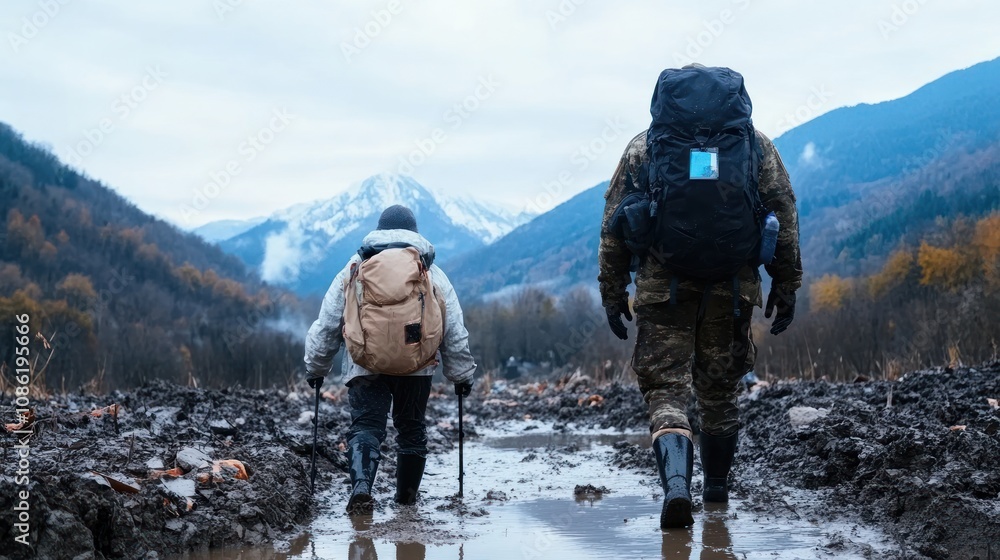 Two hikers trek through muddy terrain towards a mountain landscape. Two hikers trek through muddy terrain towards a mountain landscape.