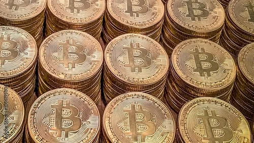 View from above of large stacks of gold bitcoins