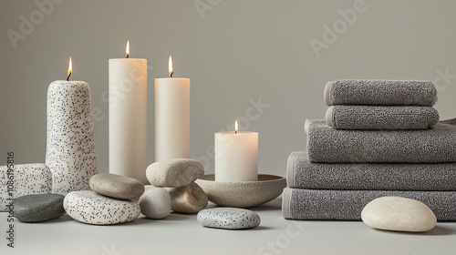 Relaxing spa setup featuring candles, smooth stones, and plush towels for a serene self-care experience