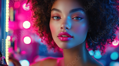 A close-up portrait of a woman with vibrant makeup and colorful lighting.