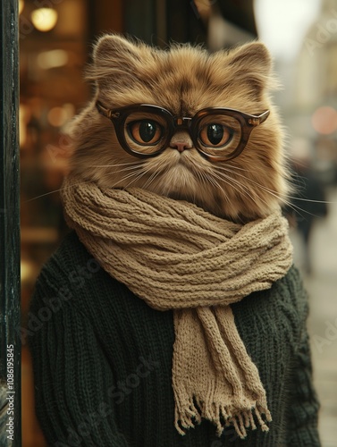 Tall Persian catman wearing glasses and scarf stands on street with urban backdrop photo