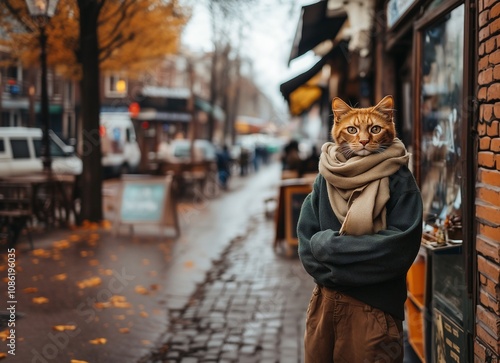 Brutal tall Persian catman dressed warmly strolling through a chilly urban street in autumn photo