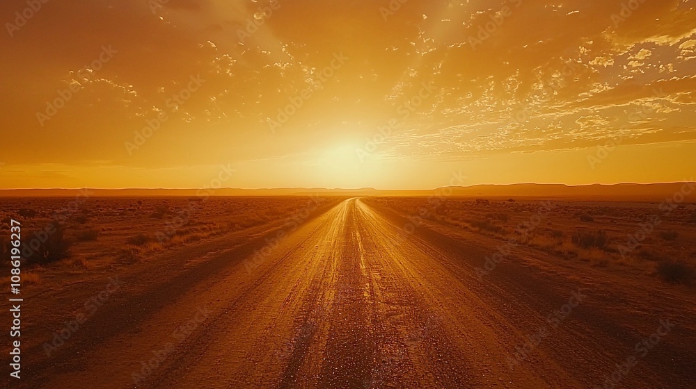 Fototapeta premium Sunset Over Deserted Road: A Journey into the Golden Horizon