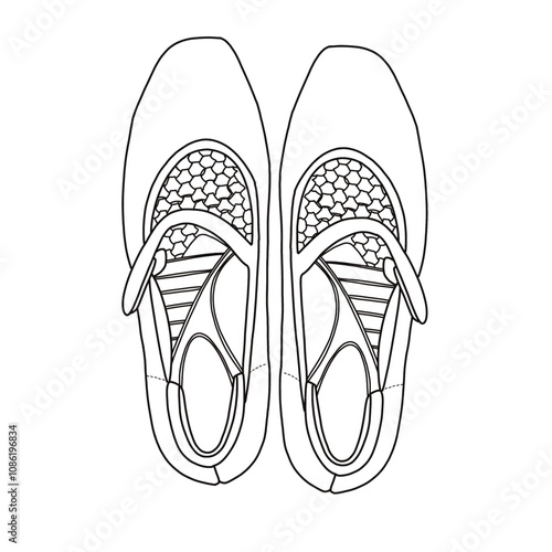 Women's Ballet flats with arch support and Concealed Low Wedge Heel shoes Line art, Technical sketch hand drawing outline vector doodle top view isolated on white background