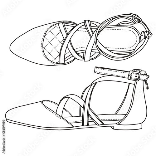 Women's Ballet flats with Ankle Strap, Flats,Strappy shoes Line art, Technical sketch hand drawing outline vector doodle side and top view isolated on white background