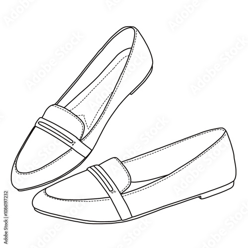 Women's Loafer Slip On Ballet Flat shoes Line art, Technical sketch hand drawing outline vector doodle side and top view isolated on white background