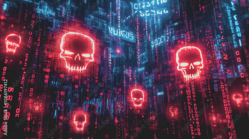 Dark and Ominous Digital Landscape Featuring Holographic Elements and Abstract Skull Motifs Set Against a Futuristic Environment of Glowing Code and Data Streams Dark and Ominous Digital Landscape Featuring Holographic Elements and Abstract Skull Motifs Set Against a Futuristic Environment of Glowing Code and Data Streams