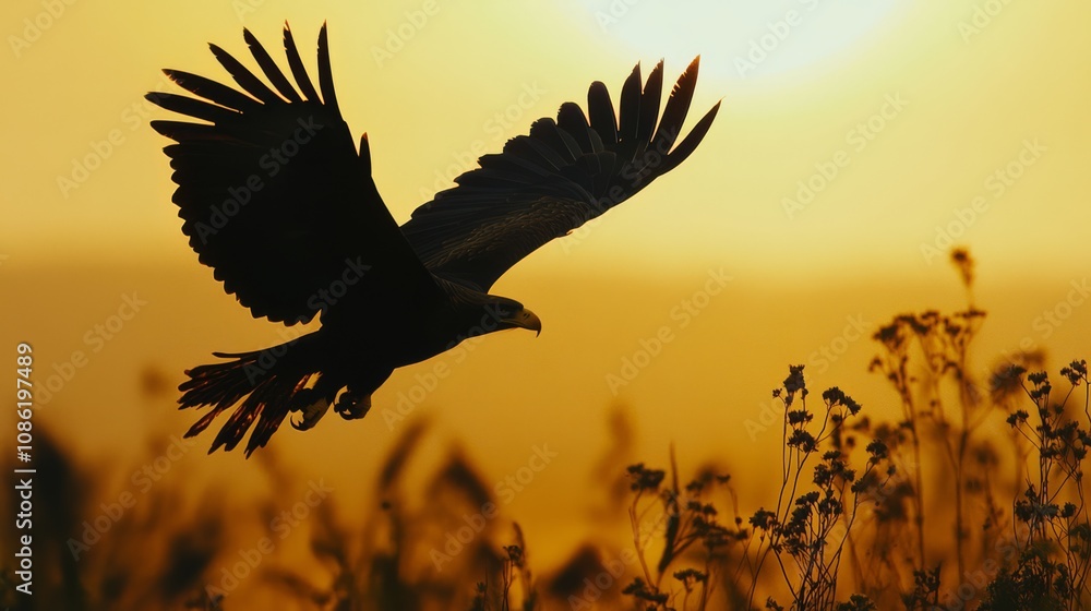 Obraz premium A silhouette of an eagle soaring through the air in a fiery sunset sky with grass and flowers in the foreground.