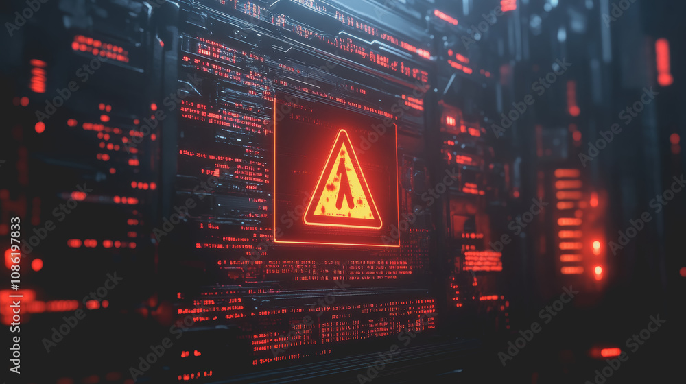 Obraz premium Red Warning Signal on Computer Screen - Futuristic Digital Display with Alert Icon and High-Tech Background Illustrating System Malfunction or Error Notification