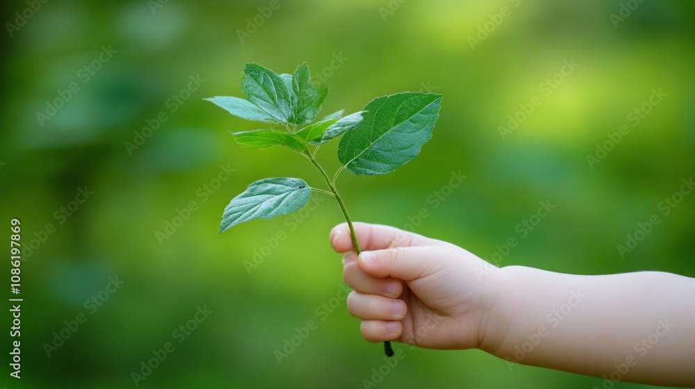 Small hand holding a sprig of green leaves. Small hand holding a sprig of green leaves.
