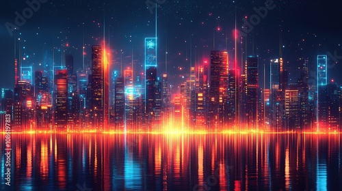 A vibrant city skyline at night, illuminated by colorful lights and reflections.