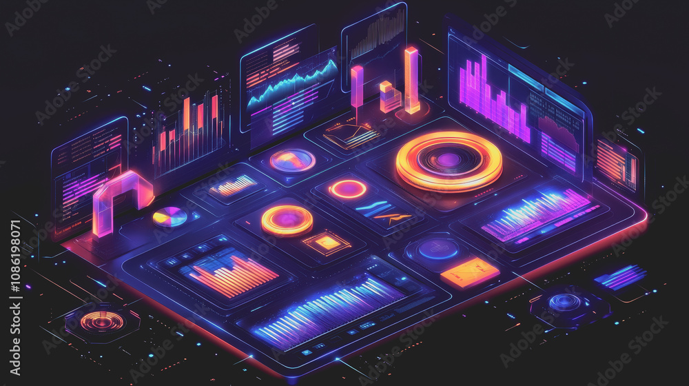 Obraz premium Futuristic Digital Dashboard Displaying Data and Analytics with Neon Graphics, Charts, and Interactive Features for Advanced Visualization Solutions