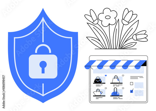 Blue shield with lock symbol, e-commerce site with product thumbnails, and flower sketch. Ideal for online security, e-commerce, shopping, cybersecurity, digital products, internet safety retail