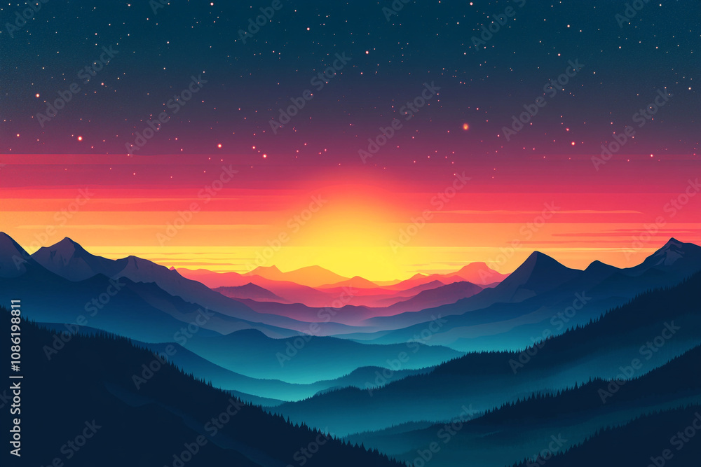 Vibrant Sunset Over Rolling Mountain Ranges and Starry Sky Vibrant Sunset Over Rolling Mountain Ranges and Starry Sky