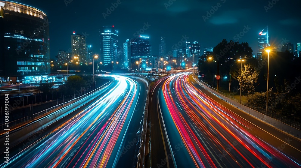 Fototapeta premium Night City Highway Traffic Light Trails