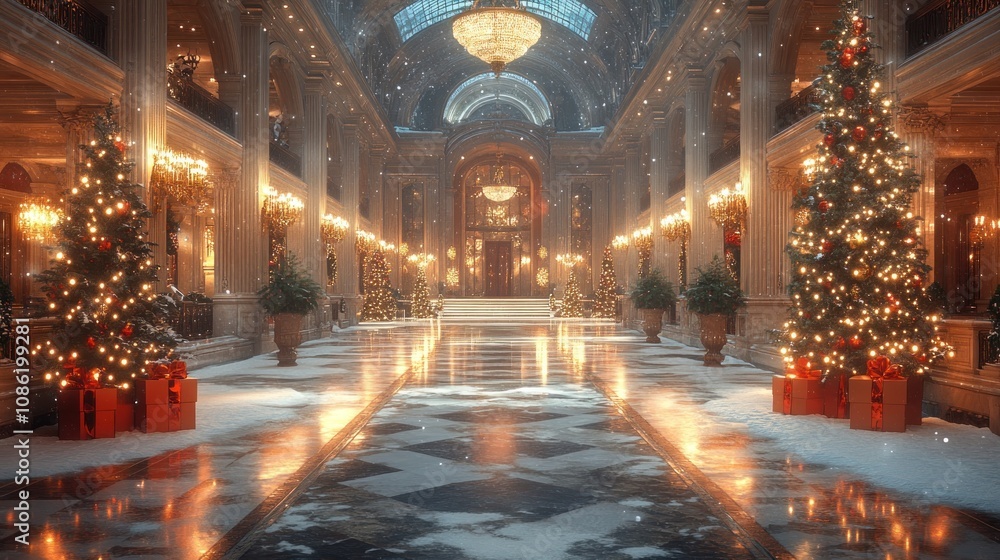 Fototapeta premium Elegant winter hall adorned with Christmas trees and decorations.