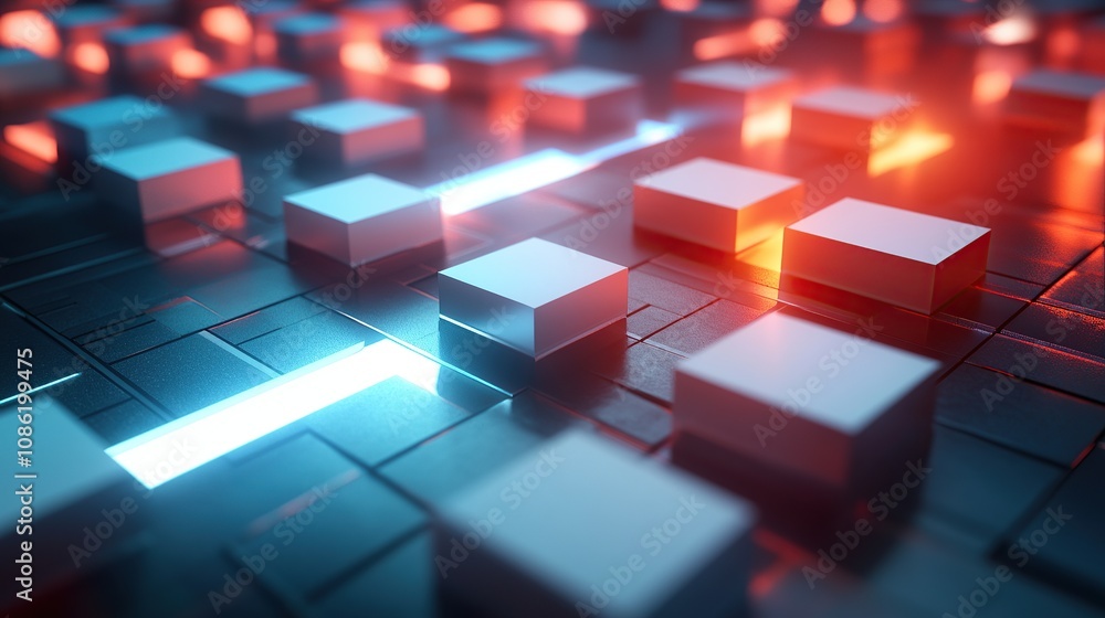Abstract digital scene with glowing cubes on a textured surface. Abstract digital scene with glowing cubes on a textured surface.
