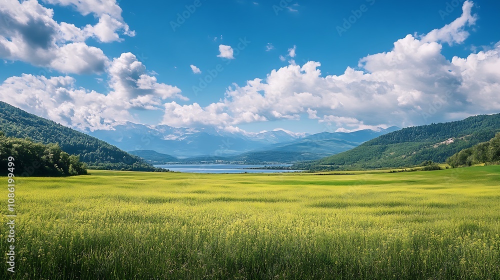 Obraz premium Scenic Landscape, Mountains, Meadow, and Sky