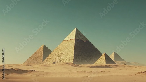 A serene view of ancient pyramids rising from a sandy desert under a clear sky.