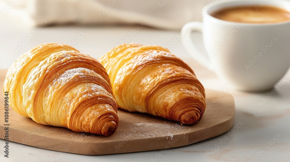 Two freshly baked croissants dusted with powdered sugar, placed on a wooden board next to a cup of coffee. Two freshly baked croissants dusted with powdered sugar, placed on a wooden board next to a cup of coffee.