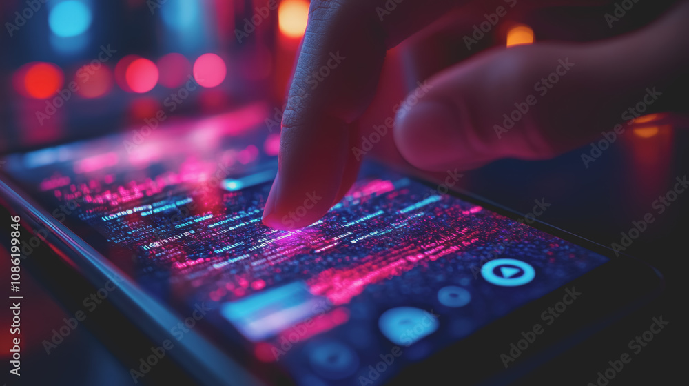 Close-Up of a Hand Hovering Over a Smartphone Display with Suspicious Email Contents and Digital Glitches, Capturing the Tension of Modern Communication Close-Up of a Hand Hovering Over a Smartphone Display with Suspicious Email Contents and Digital Glitches, Capturing the Tension of Modern Communication