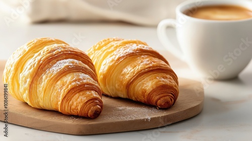 Two freshly baked croissants dusted with powdered sugar, placed on a wooden board next to a cup of coffee.