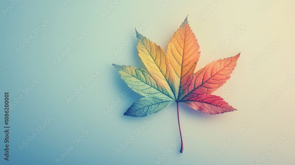 Obraz premium A single autumn leaf with vibrant colors against a light blue background.