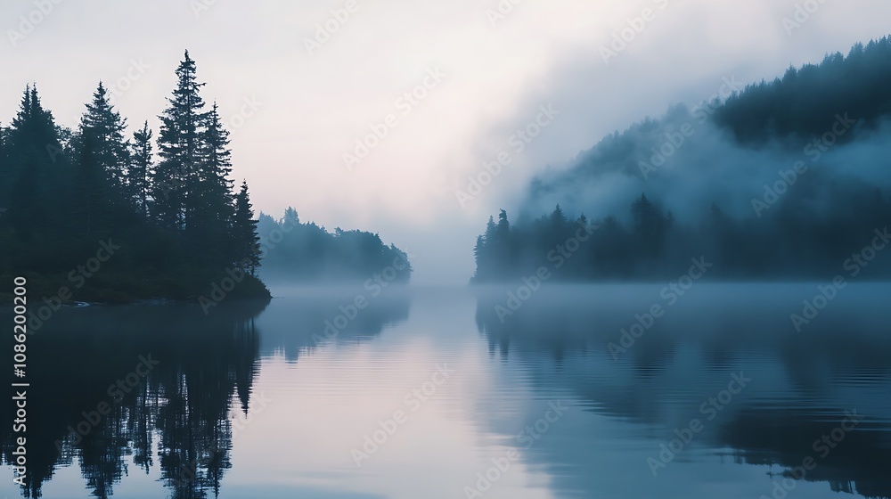 Misty Lake in the Mountains at Dawn Misty Lake in the Mountains at Dawn